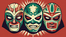 Vector Illustration Of Three Stylized Mexican Lucha Libre Wrestling Masks On A Red Background. Generative AI.