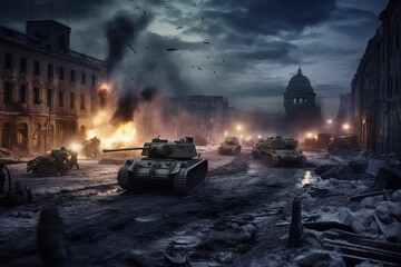 Poster - world war two, streets on fire. beautiful illustration picture. generative ai