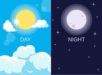 Wall Mural - Day and night illustration. Vector day and night. Background with sun, moon, sky icons