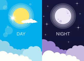 Wall Mural - day and night illustration. vector day and night. background with sun, moon, sky icons