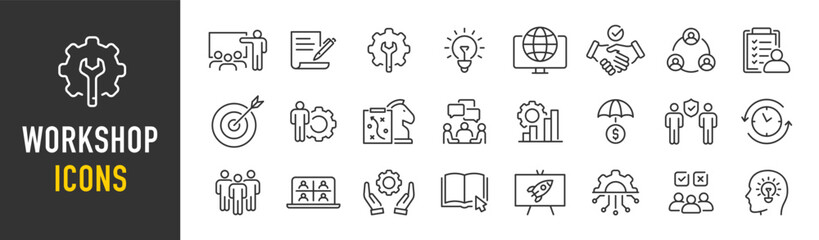 Workshop web icons in line style. Teamwork, training, business, partnership, goals, coaching, collection. Vector illustration.
