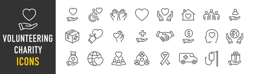 Volunteering and charity web icons in line style. Donate, donor, doctor, care, help, support, collection. Vector illustration.