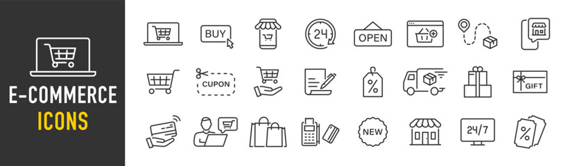 Wall Mural - e-commerce web icons in line style. online shopping, delivery, tracking, customer service, price, sa