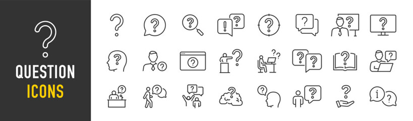 Question web icons in line style. Question mark, insecure person, confused, quiz question, collection. Vector illustration.