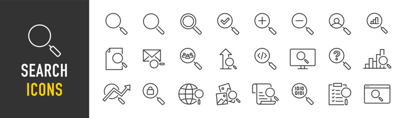 Search web icons in line style. Magnify glass, web search, find document, interface, collection. Vector illustration.