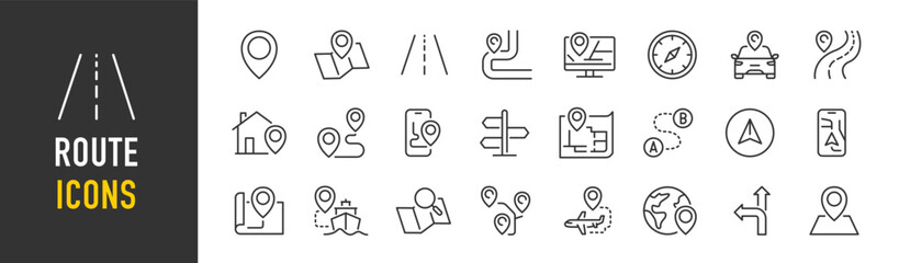 route web icons in line style. navigation, location, route map, traffic, pin, collection. vector ill