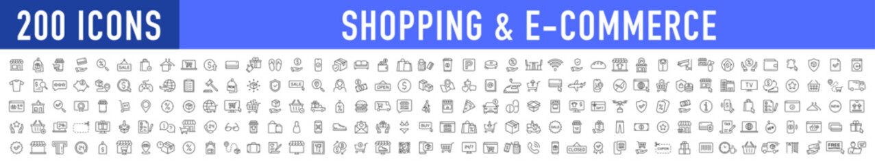 Set of 200 Shopping and E-Commerce web icons in line style. Online shopping, digital marketing, delivery, coupon, shop, discount, bank card, gifts, shop collection. Vector illustration.