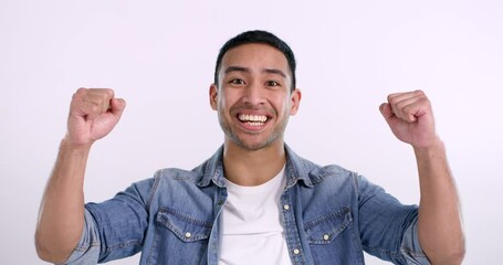 Poster - Success celebration, face and an excited Asian man isolated on a white background in studio. Smile, portrait and a person with surprise about a sports game, reaction and support after winning