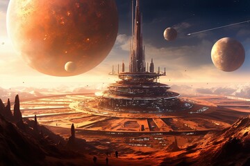 Wall Mural - humanity colonizing distant planets illustration generative ai