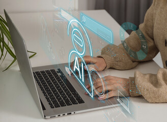 Poster - ChatGPT Chat with AI. Woman chatting with AI Chatbot via laptop computer. Artificial intelligence, virtual conversation assistant, automatic answering machine technology.