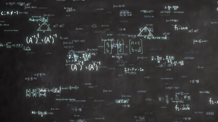 Abstract Physics equation concept, Mathematics calculation, Sciences formula, arithmetic and handwritten geometry symbol, handwriting chalk study on black background, 3d rendering