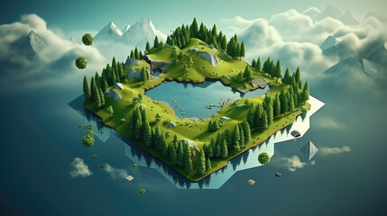 Floating island with lake and beautiful landscape. 3d illustration of flying land green forest with trees, mountains, animals, water isolated with clouds