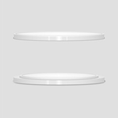 Wall Mural - Two white empty round podiums for product display, vacant pedestals, stage, showcase stand, expo platform. Vector illustration.