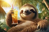 Fototapeta  - Cartoon Faultier mit Cocktail chillt am Strand im Urlaub