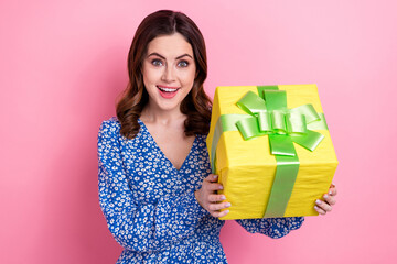 Poster - Portrait of cheerful nice person arms hold big desirable giftbox isolated on pink color background