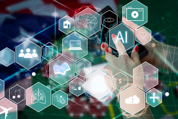 Aufkleber - Manager Technical Industrial Engineer working and control robotics with monitoring system software and icon industry network connection on tablet. AI, Artificial Intelligence.