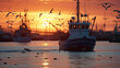 Fishing boat returning to port surrounded by seagulls at sunset, generative ai