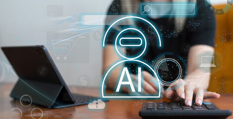 Poster - ChatGPT Chat with AI. Woman chatting with AI Chatbot via laptop computer. Artificial intelligence, virtual conversation assistant, automatic answering machine technology.