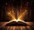 © Saulo Studio - Mystical open book. glittering lights and magic book illustration, book of spells casting magic, magic coming out of book on wooden background. Generative Ai.