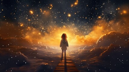 Wall Mural - fantasy illustration, a girl at cliff with starry sky over city lights as background, child dream and hope concept, Generative Ai