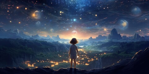 Wall Mural - fantasy illustration, a girl at cliff with starry sky over city lights as background, child dream and hope concept, Generative Ai