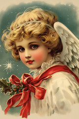 Canvas Print - Little Angel. Vintage Christmas postcard. Generative AI