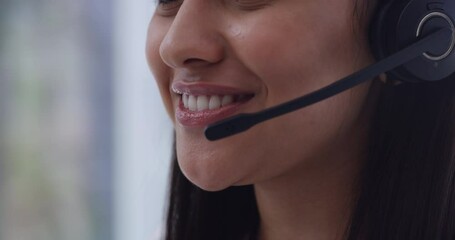 Canvas Print - Call center, mouth and happy woman, agent or consultant for communication, virtual support and talking closeup. Insurance worker, web advisor or person customer services helping, speaking or advice