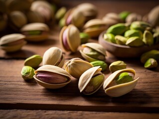 Wall Mural - pistachios spread out on a wooden surface, some shelled and others unshelled