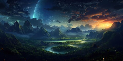 art illustration banner background panorama nature landscape with galaxy sky, Generative Ai