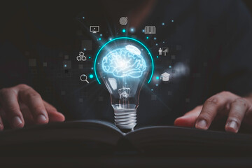 Poster - Virtual brain inside lightbulb on open book between two hand for creative thinking idea to solve problem from learning knowledge and innovation concept.