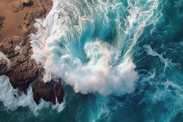 Aerial view of ocean waves crashing on the rocks. Nature background, the power of the ocean. generative AI