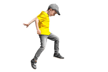 a boy jumps on a transparent background in a yellow t-shirt
