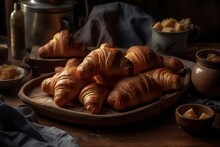 Plate With Just Cooked Delicious Breakfast Full Of Fresh Tasty Continental Croissants On A Wooden Table. Homecooking Homemade Dessert Or Bakery Concept. Generative AI Technology