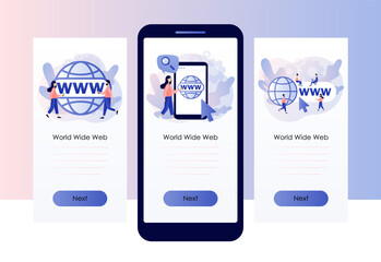 Wall Mural - World wide web. Globe internet search concept. WWW icon. Tiny people looking for information on websites. Screen template for mobile, smartphone app. Modern flat cartoon style. Vector illustration