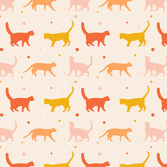 Simple vector seamless pattern with cat silhouette vector illustration, flat design with cats on background