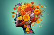 Concept of mental health, featuring a female head adorned with blooming flowers instead of hair. Mental well-being, embracing creativity, and fostering a positive and flourishing mindset. Ai generated