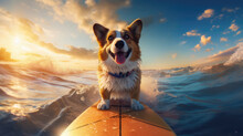 A Happy Dog On A Surfboard Catches A Wave In The Ocean. Horizontal Banner. The Concept Of A Summer Holiday By The Sea. Created With Generative AI Technology