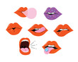 Female mouths. Teeth, tongue, lips. Red lipstick. Various mimic, emotions, facial expressions. Hand drawn colorful set. Trendy vector illustration. Isolated images. Kiss, lick and yelling. Sugar lips