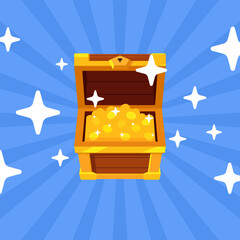 Open mystery wooden chest has a golden coin. Treasure on blue background. Precious treasure concept. Vector illustration cartoon flat design.	
