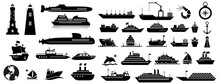 Sea, Ship And Wave Silhouette Vector Icon Illustration Collection