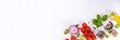 © ricka_kinamoto - White cooking background with useful cooking italian Mediterranean ingredients - tomatoes, basil leaves, greens, olive oil, salt, pepper, garlic, flat lay white table top view copy space