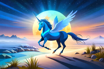 Jumping unicorn, Pegasus, unicorn with wings, fantasy landscape