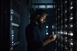 © Nattawat - Portrait of man working with server cabinet in data center and write notes on paper generative AI