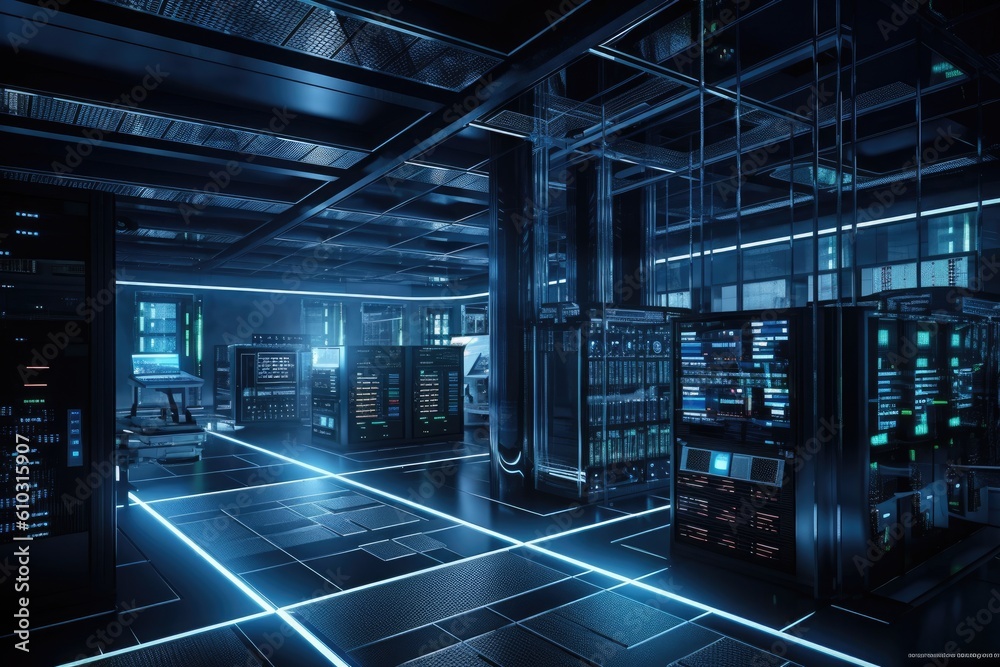 Telecom Supercomputer Working Data Center Full of Rack Servers and Supercomputers, Modern ...