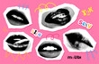 90s - Y2K Collage mouth set with grunge elements. Halftone lips for banner, graphic, posters. Vector illustration of smile, tongue, open and closed mouth. Isolated vector Textured illustration.