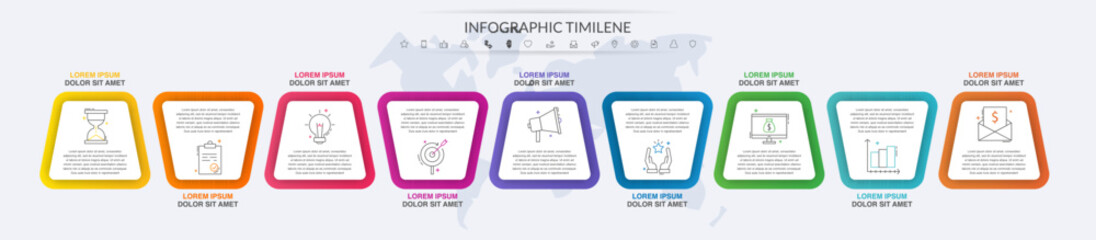 Vector infographics with 9 white quadrilaterals elements. Modern concept graphic process template with nine steps. Timeline for the business project on white background for app, diagram, illustration