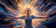 Woman with arms outstretched, spiritual awakening, swirling sky, painting, wide. Generative AI