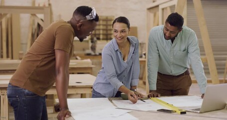 Canvas Print - Team, brainstorming and group in a meeting, planning and conversation for project development, wood and collaboration. Staff, men or woman in a workshop, documents or teamwork with carpentry and idea