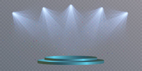 Poster - Round podium illuminated by light. Vector pedestal for product and honoring winners.