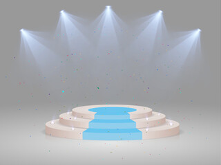 Poster - Round podium illuminated by light. Vector pedestal for product and honoring winners.